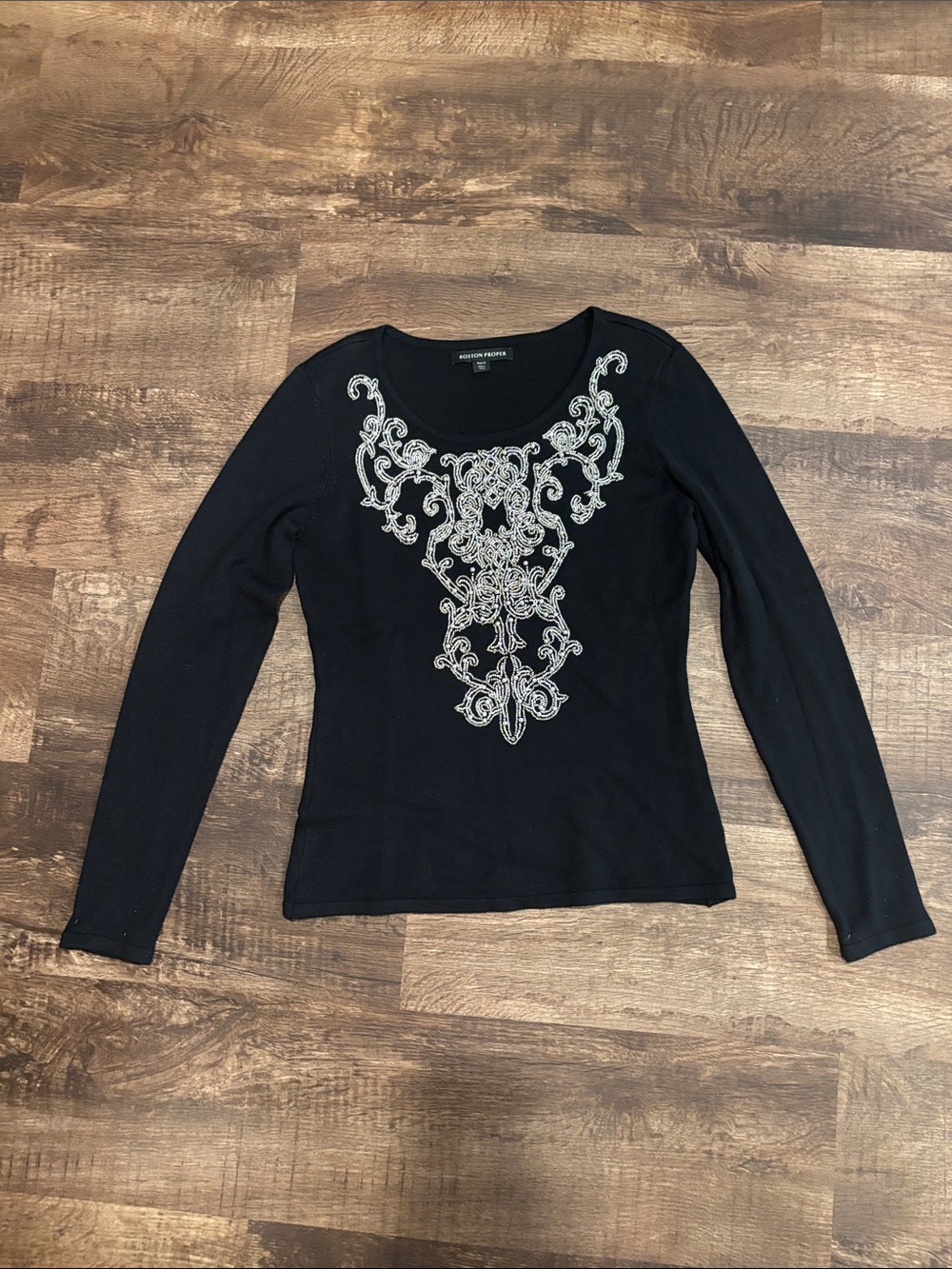 Boston Proper Black Long-Sleeve Size Small Top Silver & Embellished Neckline